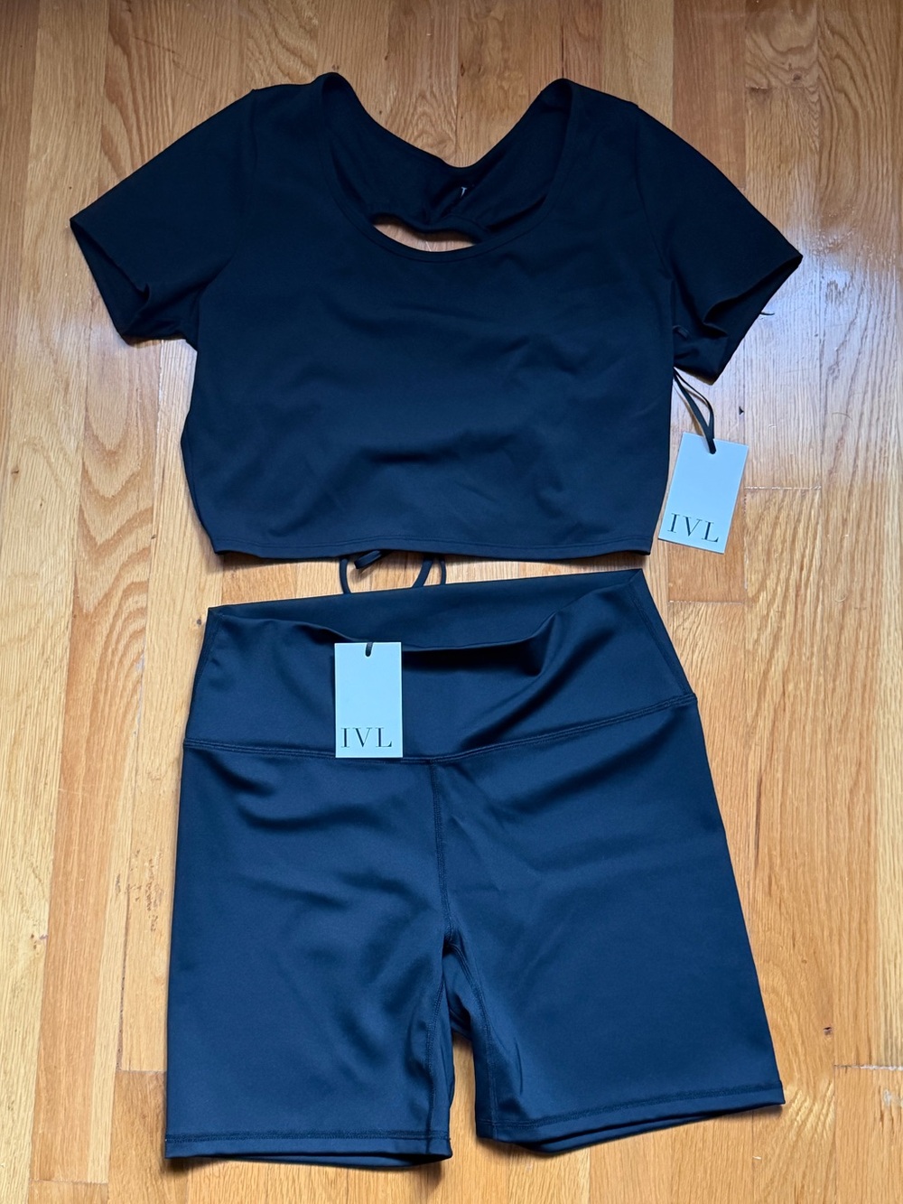 Black IVL Collective Women's High-Rise Bike Shorts & Open Back Top Set